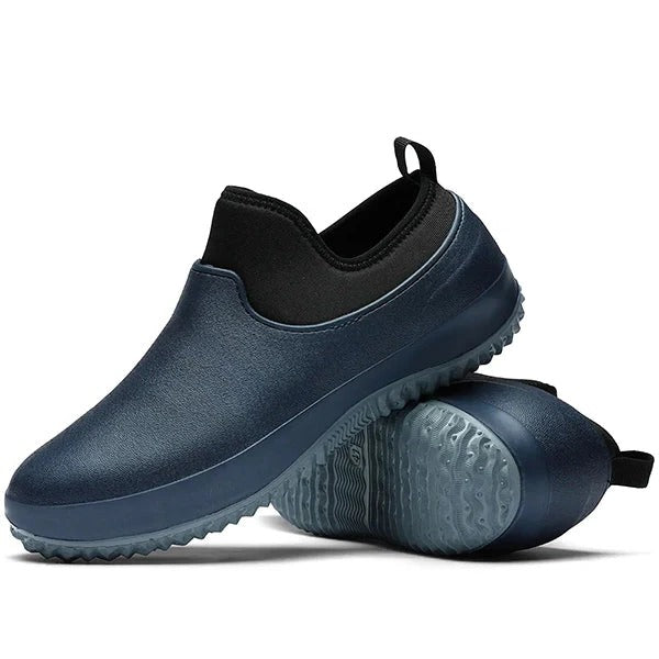 Men's all-day comfort waterproof slip-on work shoes. Non-slip black safety footwear for easy wear in tough jobs.