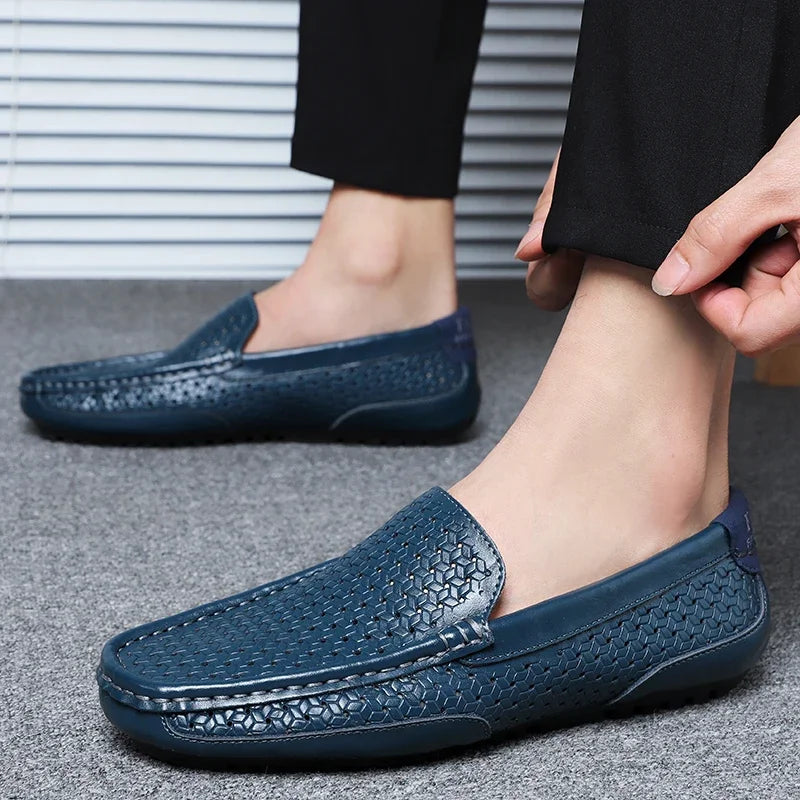 Close-up of men's woven loafer texture, emphasizing breathable material and quality craftsmanship.