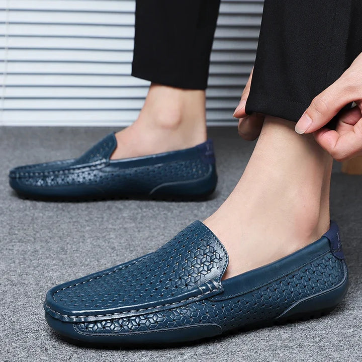 Close-up of men's woven loafer texture, emphasizing breathable material and quality craftsmanship.