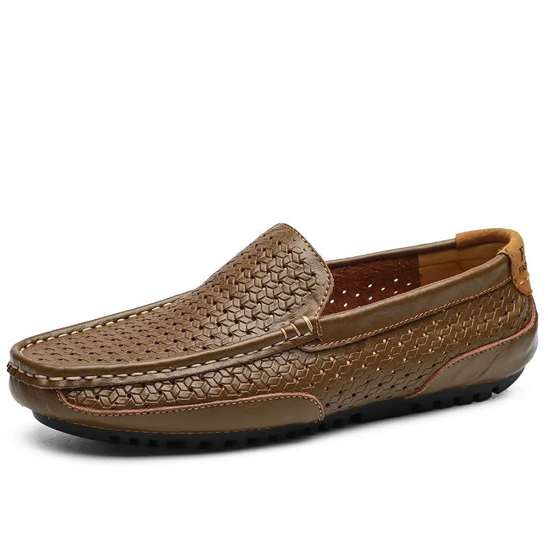 Men's woven loafers in a dark tan color, stacked, showcasing versatile men's fashion footwear.