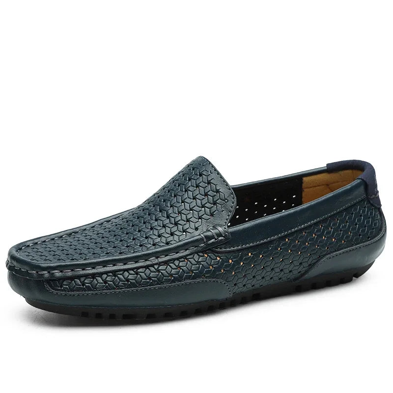 Collection of men's woven comfort loafers in various colors: black, brown, grey, blue.