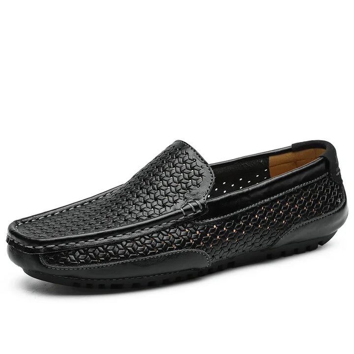 Front view of men's woven black loafers, highlighting the comfortable, breathable toe design.