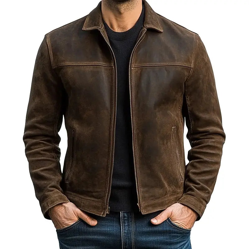 Men's black zip-up biker jacket with long sleeves. Stylish casual outerwear for everyday fashion.