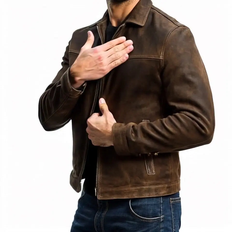 Rugged brown men's biker jacket, zip-up and long-sleeved. Perfect smart casual outerwear for a sharp look.