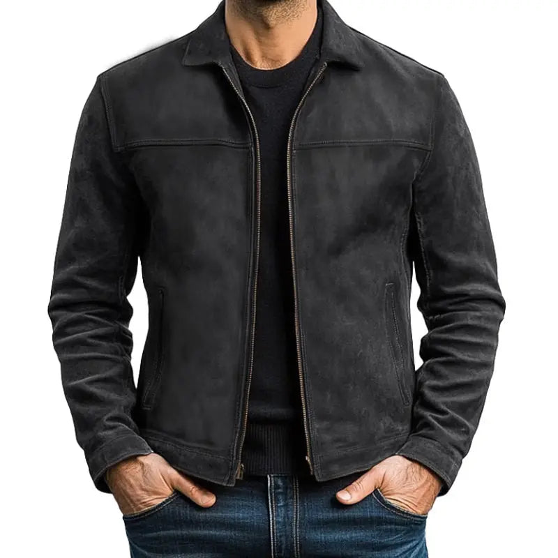 Stylish army green men's fashion jacket, biker style, zip-up. Long sleeve outerwear, great for casual elegance.