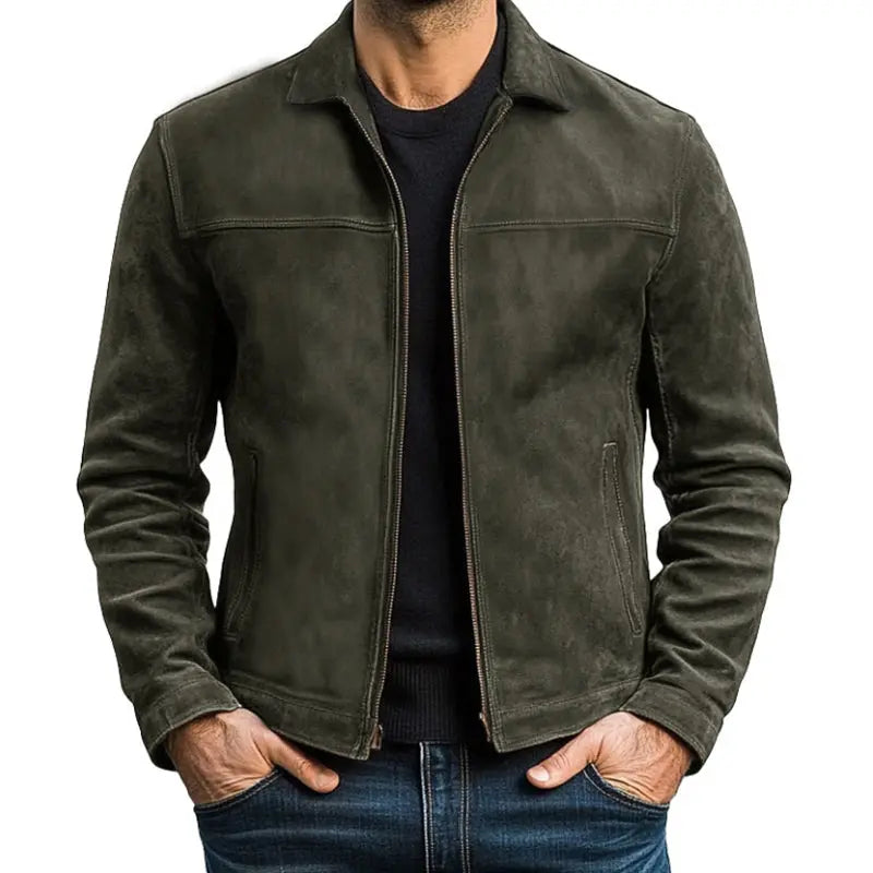 Versatile men's black long sleeve zip-up biker jacket. A sleek casual outerwear piece for modern men's fashion.