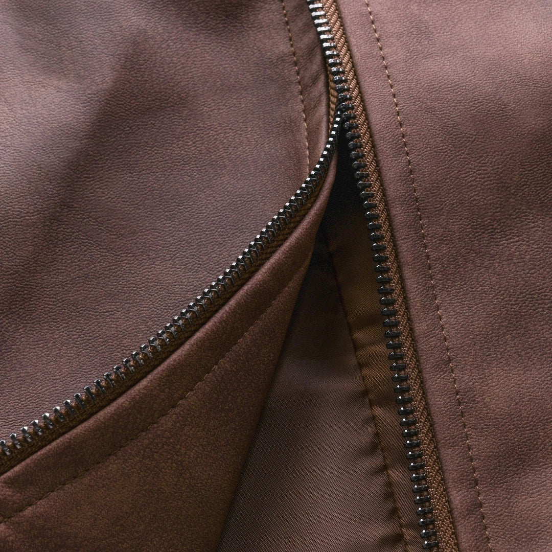 Classic brown men's zip-up biker jacket with long sleeves. Essential casual and smart casual outerwear for men.