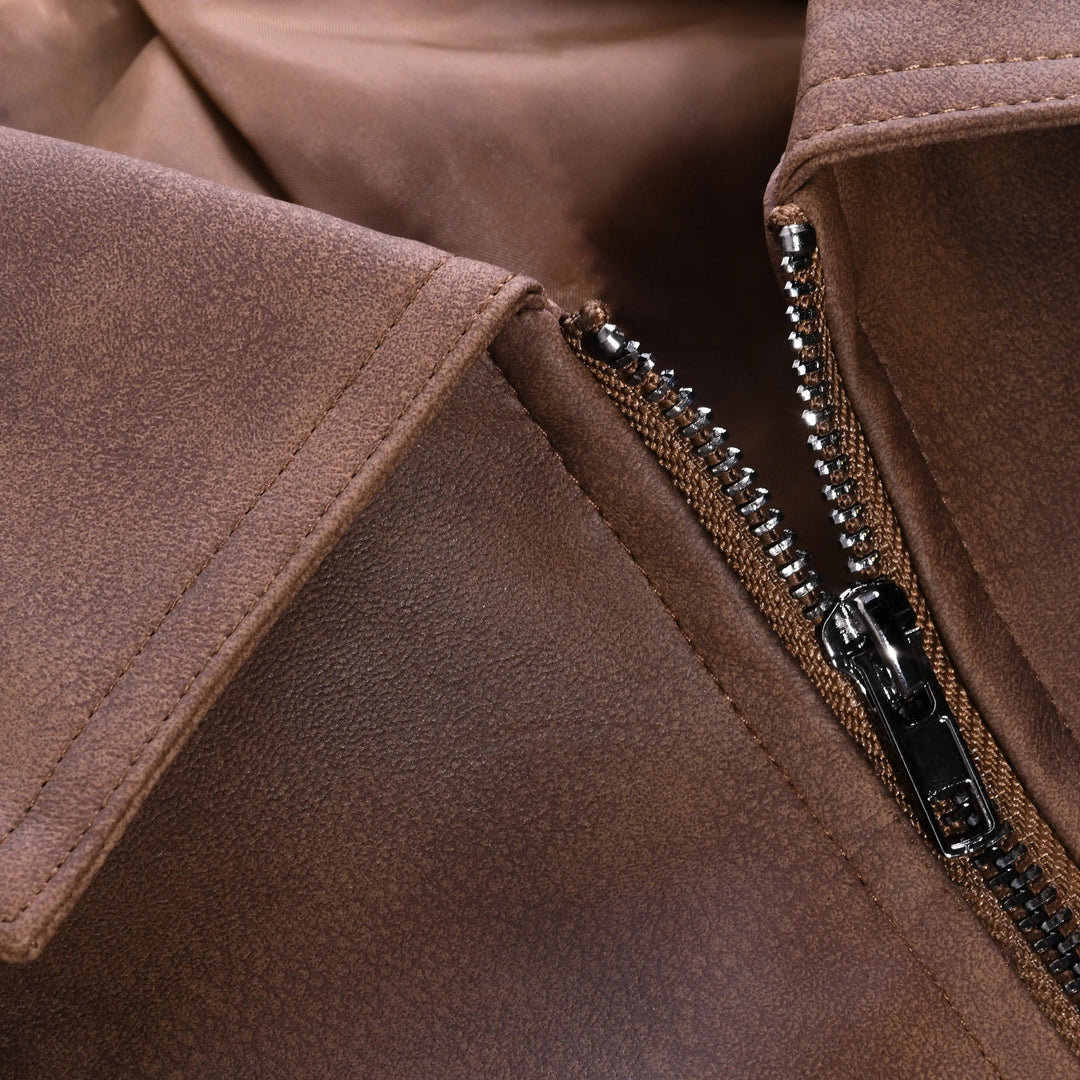 Fashionable brown men's long sleeve zip-up biker jacket. Ideal outerwear for versatile casual & smart casual styles.
