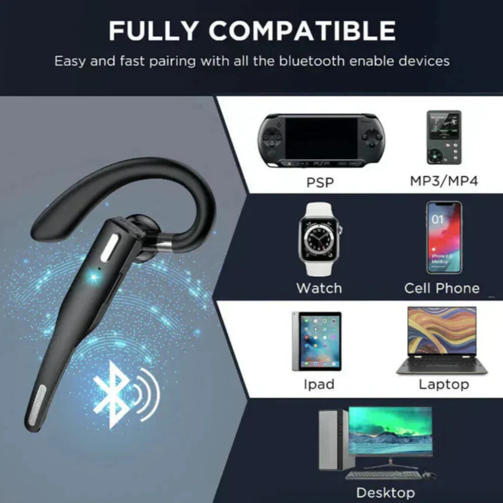 Hands-free men's Bluetooth 5.1 headset, dual mic noise cancellation, perfect for busy professionals.