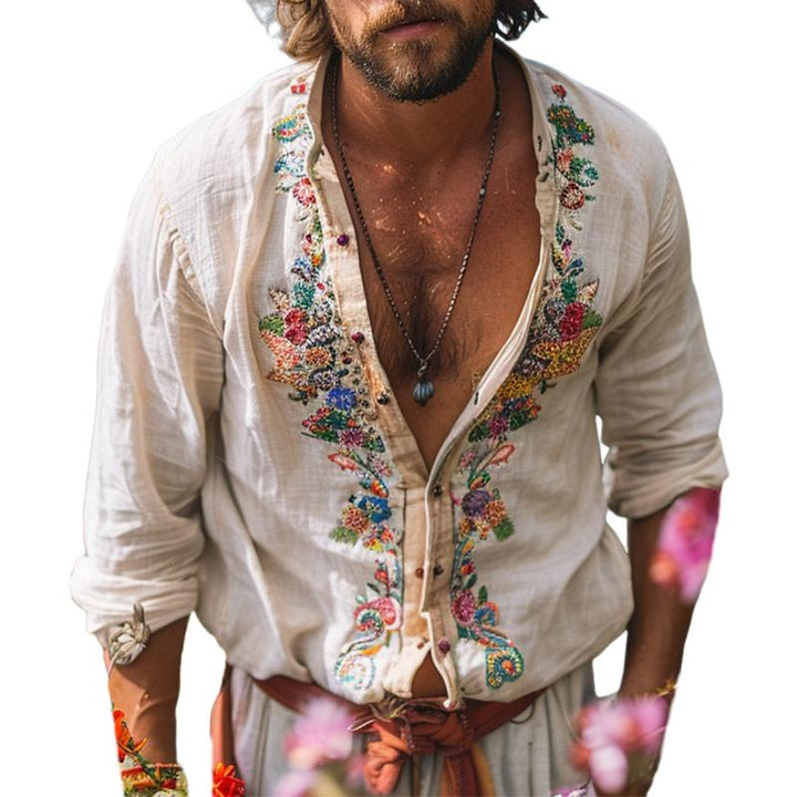 Men's bohemian grandad collar casual shirt, relaxed fit, perfect for summer beach wear and vacation.