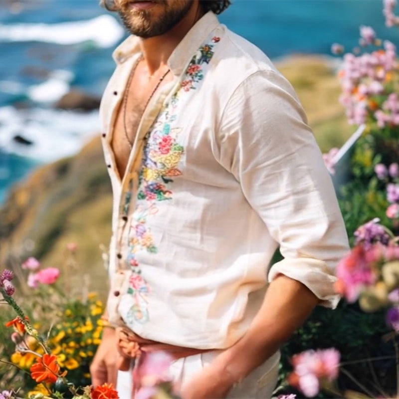Comfortable loose fit men's bohemian shirt with grandad collar, a relaxed style for summer casual wear.