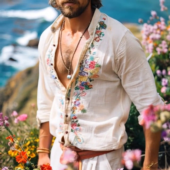 Stylish men's bohemian shirt with grandad collar and ethnic print, a casual button-up for summer festivals.
