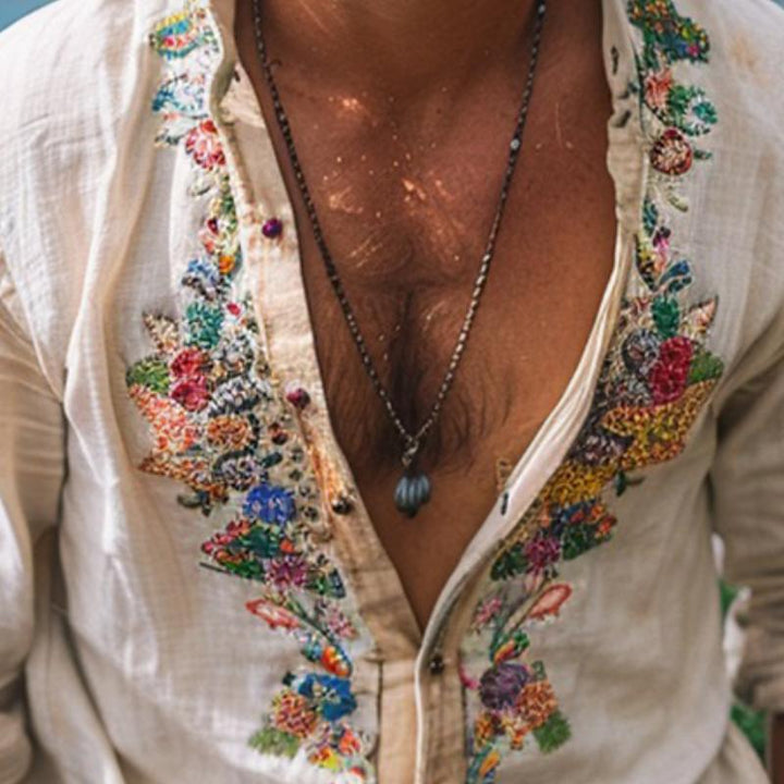Men's relaxed fit grandad collar shirt, perfect vacation wear. Bohemian style comfortable top for beach.