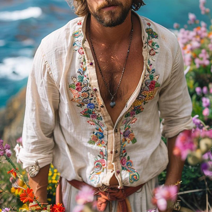 Casual men's summer shirt with grandad collar, bohemian ethnic print, loose fit for comfortable wear.