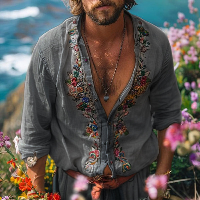 Bohemian men's grandad collar shirt, relaxed fit. Stylish casual button-up for summer, beach & festival outfits.
