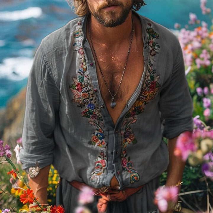 Bohemian men's grandad collar shirt, relaxed fit. Stylish casual button-up for summer, beach & festival outfits.