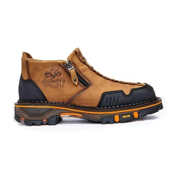 Versatile black men's ankle boots with skull detail, lace-up closure & side zipper. Ideal for a bold casual style.