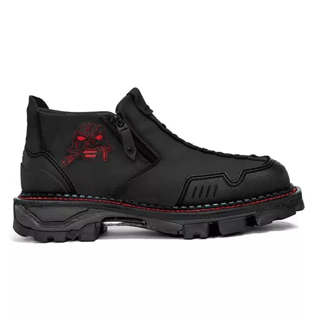 Close-up of durable men's skull ankle boots, highlighting edgy design, lace-up detail & premium quality materials.