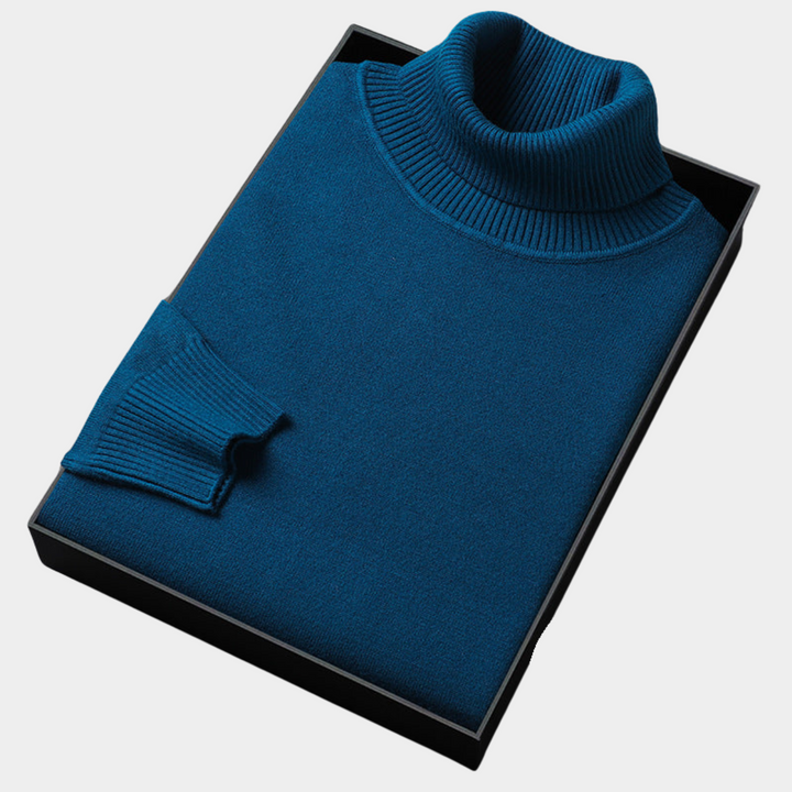 Three men's bold color turtleneck sweaters in various hues, ideal knitwear for casual looks.