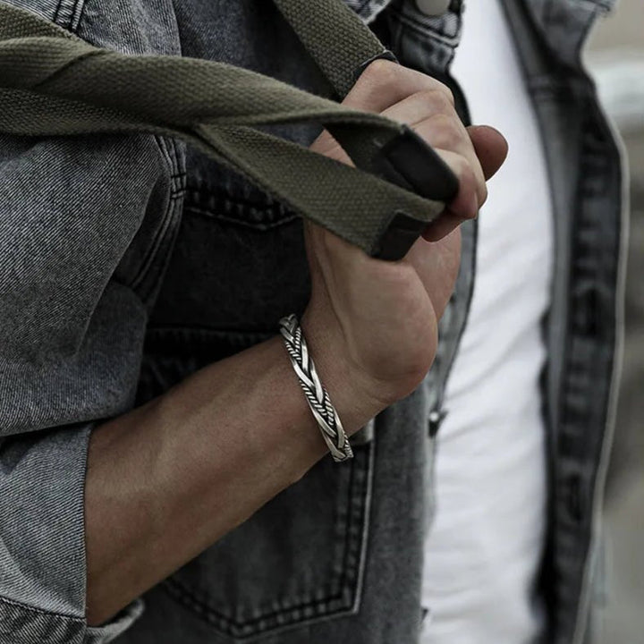 Stylish men's sterling silver braided cuff bracelet. Adjustable open cuff for comfortable men's accessories.