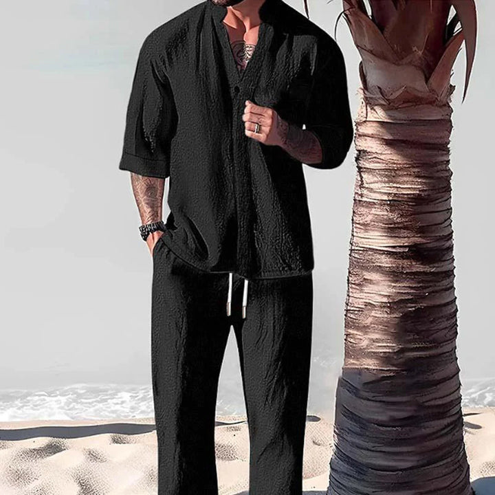 Lightweight, breathable cotton-linen men's two-piece lounge set for ultimate summer comfort.