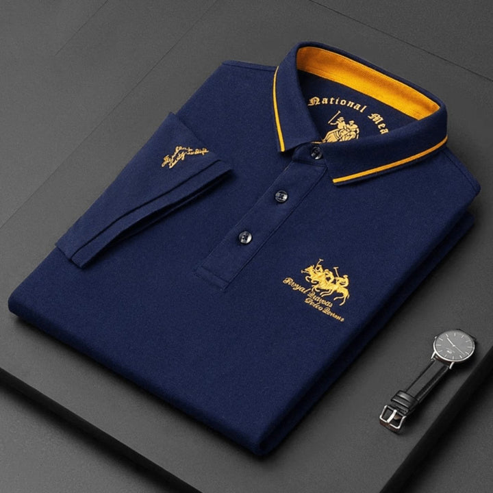 Stylish men's embroidered polo top, breathable fabric for summer comfort and golf.
