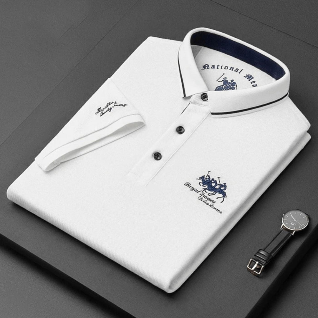 Embroidered men's golf polo. Comfortable, breathable short sleeve top for active wear.