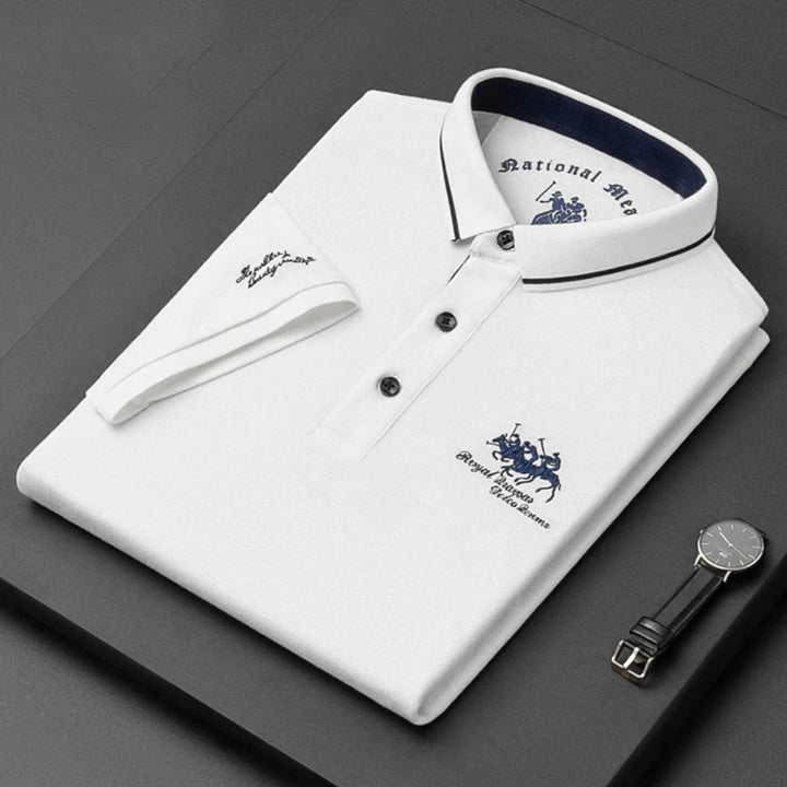 Embroidered men's golf polo. Comfortable, breathable short sleeve top for active wear.