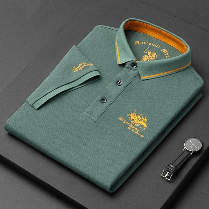 Comfortable men's embroidered polo top, breathable short sleeve design for daily wear.