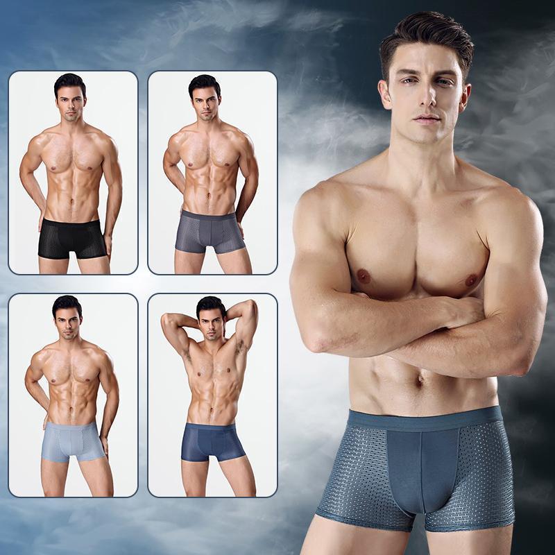 Model wearing men's breathable ice silk underwear, showcasing its comfortable fit and stretch.