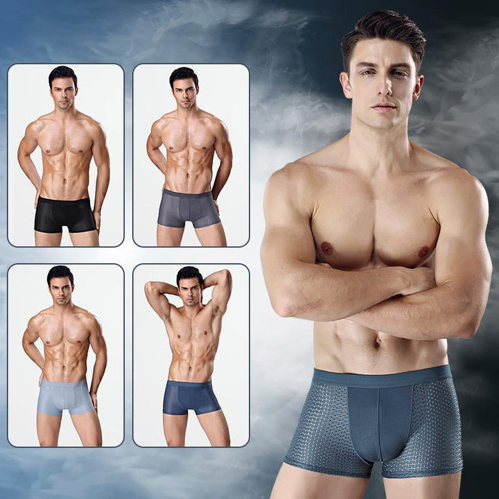 Model wearing men's breathable ice silk underwear, showcasing its comfortable fit and stretch.
