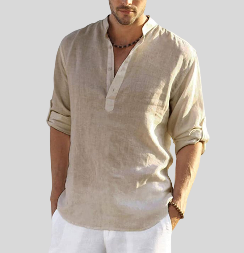 Comfortable men's summer Henley shirt. Breathable fabric & long sleeves for sun protection & versatile style.