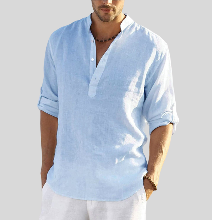 Stylish men's long sleeve Henley shirt with button collar, ideal for casual outfits & everyday summer fashion.