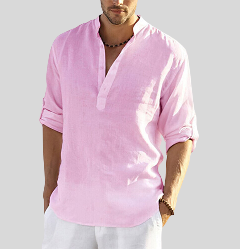 Versatile men's long sleeve summer shirt; a breathable Henley design for comfort & relaxed fashion.