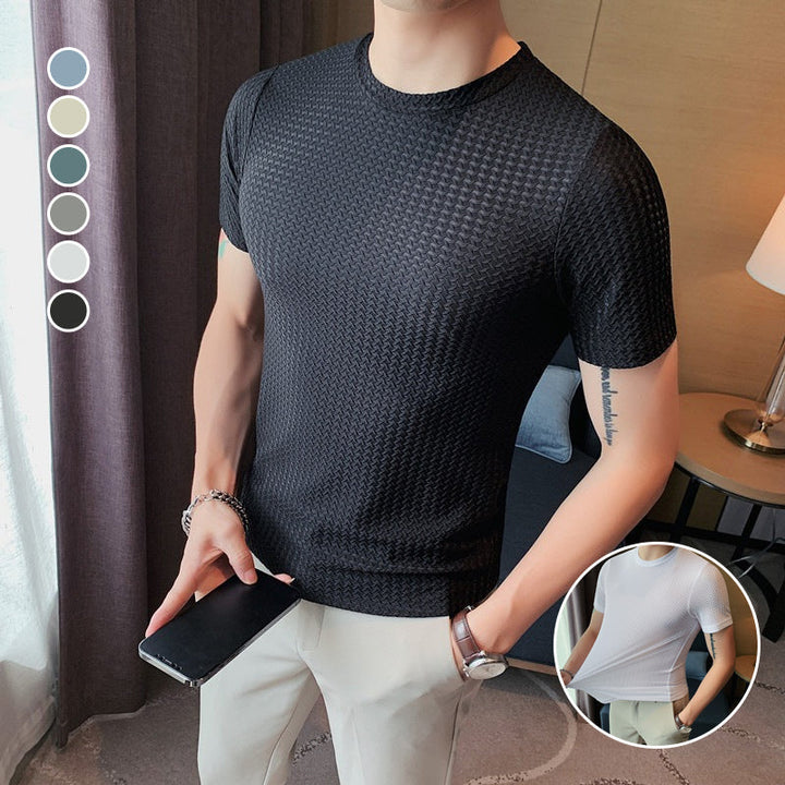 Close-up of the breathable mesh fabric on a men's ice silk short-sleeve t-shirt, athletic fit.