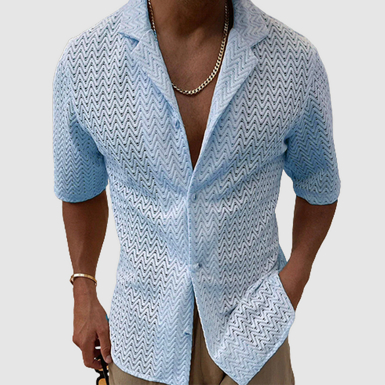 Men's breathable short-sleeve casual shirt featuring a unique wave pattern, perfect for summer fashion.