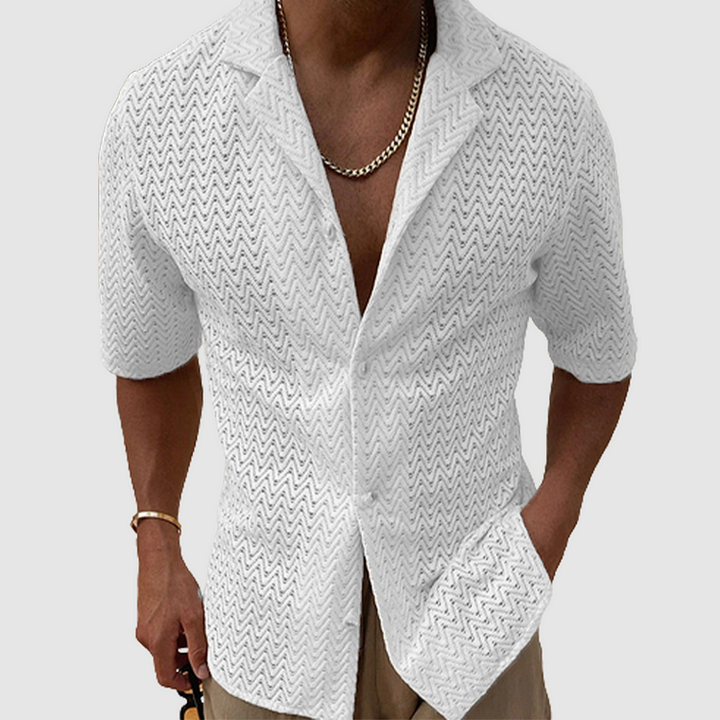 Men's short-sleeve casual shirt, breathable and comfortable, showcasing a cool wave pattern for summer fashion.