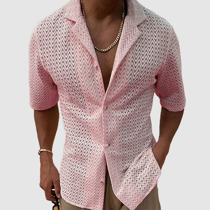 Breathable men's button-down casual shirt, short-sleeve, with a distinct wave pattern, perfect for beach or summer.