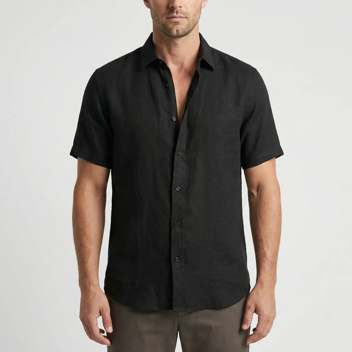 Breathable men's casual short sleeve button-down shirt. Lightweight relaxed fit, essential summer wear.