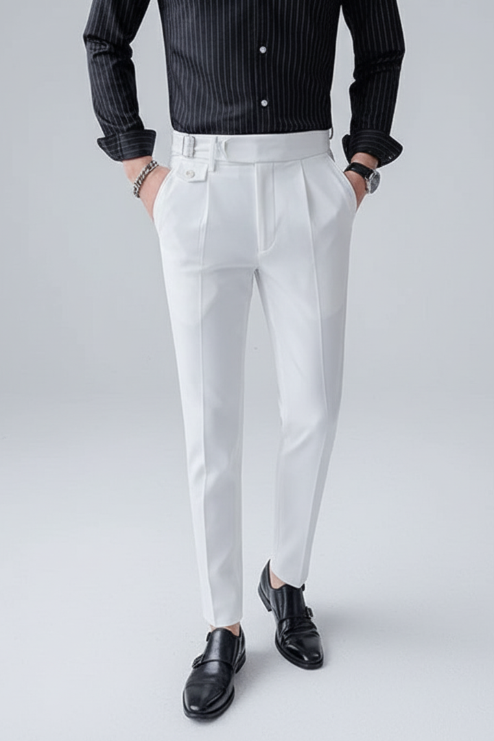 Stylish men's slim fit pleated trousers, British design, suitable for formal business meetings & office wear.