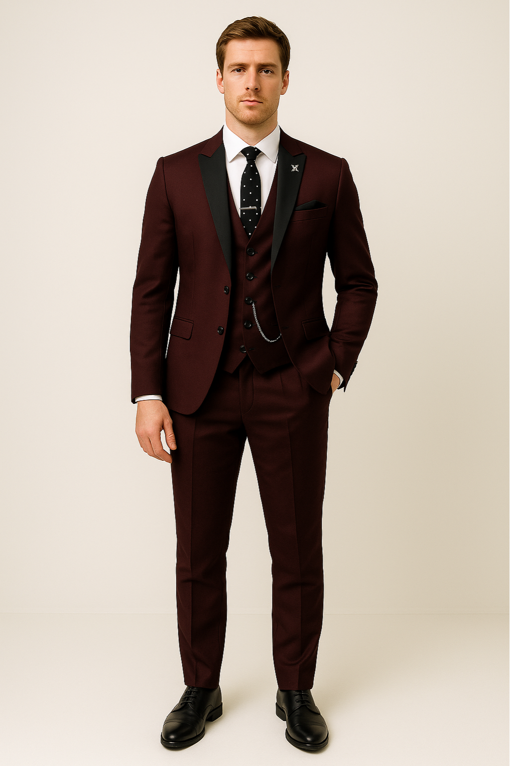 Close-up of fabric on men's burgundy three-piece suit, suitable for summer events and business
