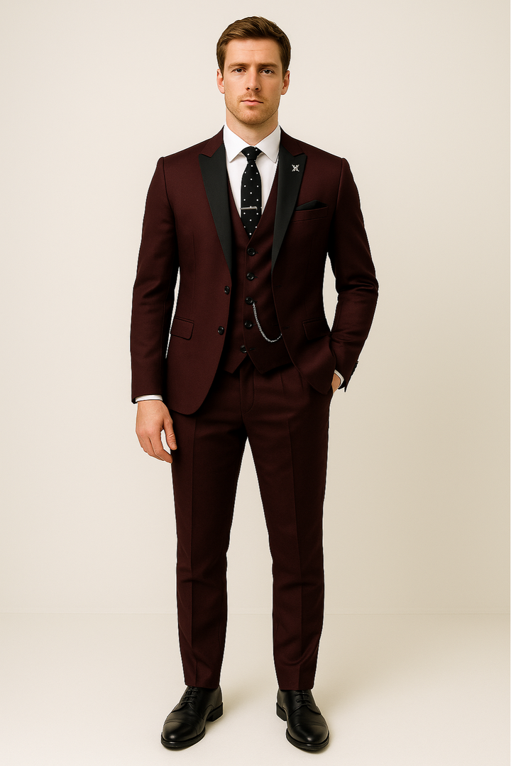 Close-up of fabric on men's burgundy three-piece suit, suitable for summer events and business