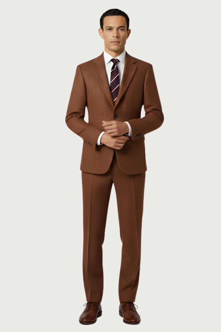 Men's burnt rust single-breasted spring suit set with vest, perfect for formal events and business attire.