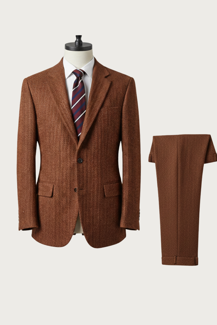 Three-piece men's burnt rust single-breasted suit for spring, ideal for weddings and professional wear.