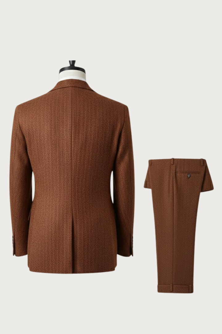 Stylish men's spring suit set in burnt rust, single breasted with vest, suitable for any formal occasion.