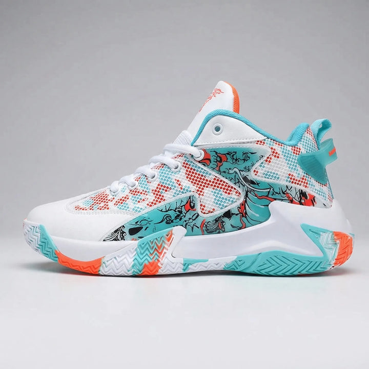 High-top men's basketball sneakers with bold graphic print, ideal for court agility.