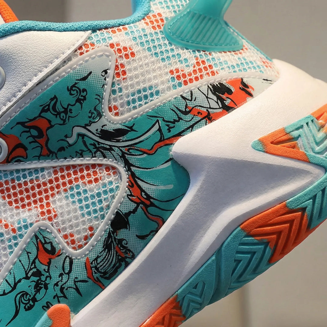 Performance men's athletic court trainers with high-top design & unique graphic print.