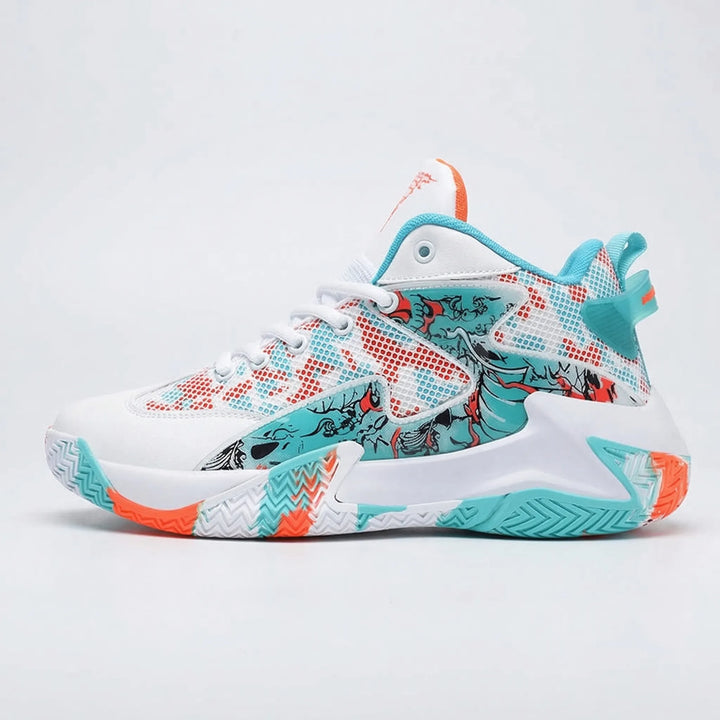 Men's fashion-forward high-top basketball shoes, bold graphic design, engineered for court play.