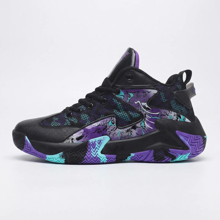 Athletic men's high-top basketball shoes, striking graphic print for ultimate court performance.