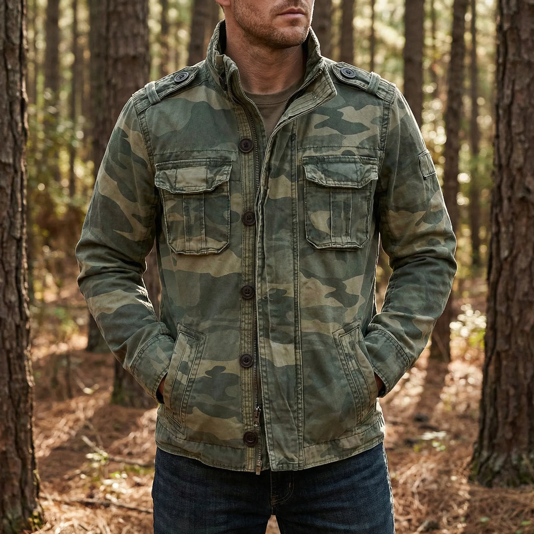 Men's camouflage military jacket for rugged style & outdoor adventures. Durable outerwear for men.